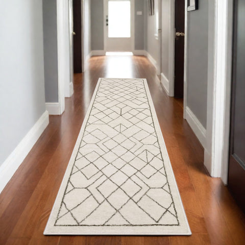 8' Ivory And Taupe Geometric Runner Rug