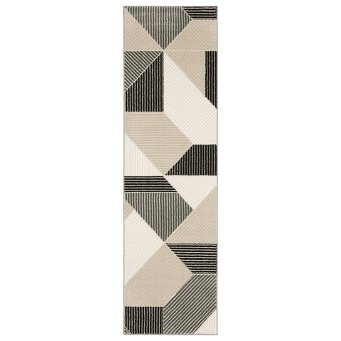 8' Ivory And Black Geometric Runner Rug