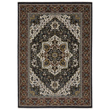 4' X 6' Navy Blue Ivory And Black Medallion Area Rug With Fringe