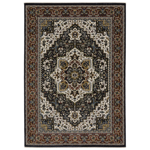 4' X 6' Navy Blue Ivory And Black Medallion Area Rug With Fringe