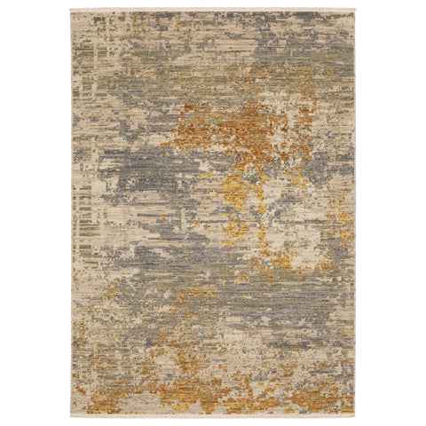 3' X 5' Beige And Gold Abstract Area Rug With Fringe