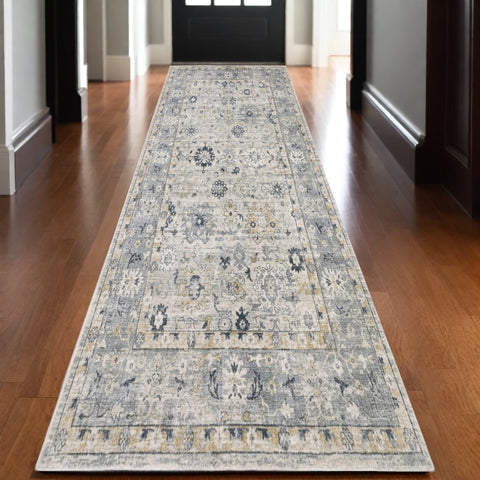 10' Gray And Blue Oriental Hand Tufted Runner Rug