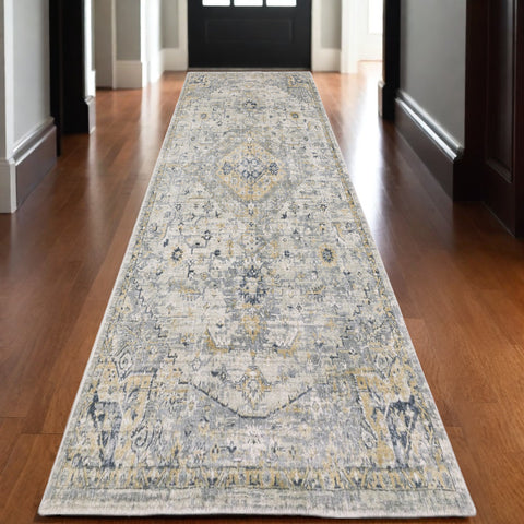 10' Gray And Gold Medallion Hand Tufted Runner Rug
