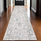 10' Ivory And Teal Oriental Hand Tufted Runner Rug