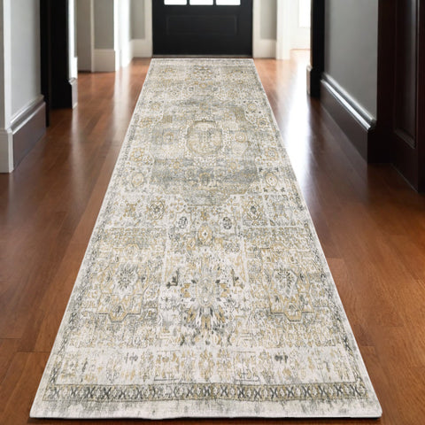 10' Gray And Gold Medallion Hand Tufted Runner Rug