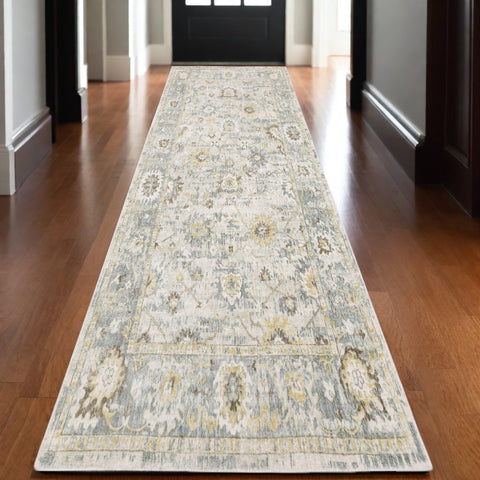 10' Ivory And Blue Oriental Hand Tufted Runner Rug