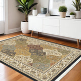 4' X 6' Navy Blue Tan And Black Oriental Area Rug With Fringe