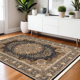 4' X 6' Navy Blue Black And Tan Medallion Area Rug With Fringe