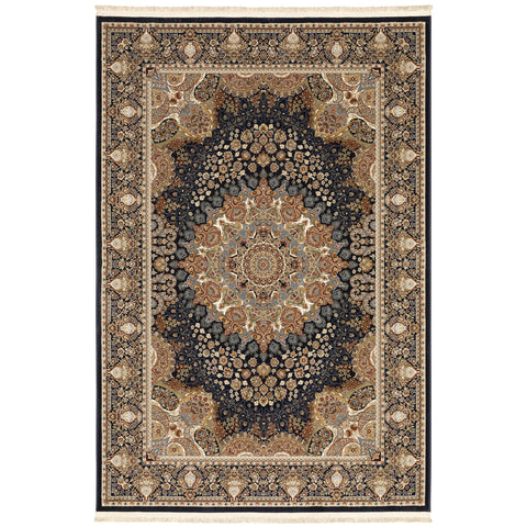 4' X 6' Navy Blue Black And Tan Medallion Area Rug With Fringe