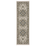 8' Ivory And Gold Medallion Runner Rug With Fringe