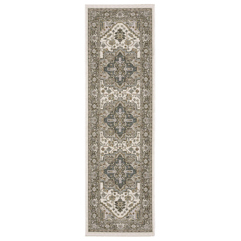 8' Ivory And Gold Medallion Runner Rug With Fringe