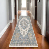 8' Blue And Ivory Medallion Runner Rug With Fringe