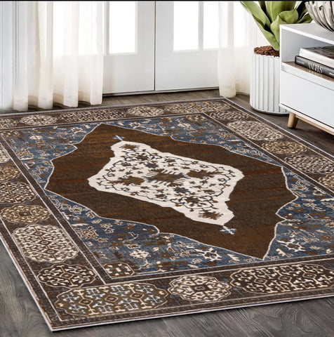 5' X 8' Gray And Blue Medallion Area Rug