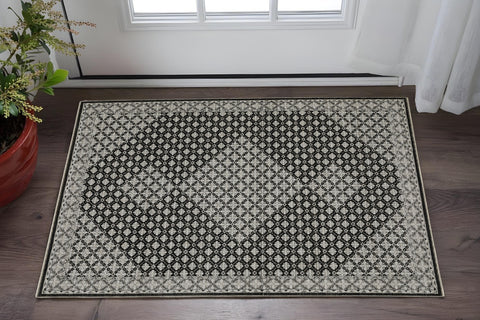 3' X 5' Black And Gray Diamond Area Rug With Fringe