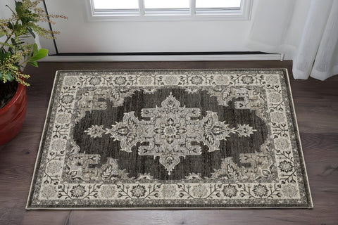 3' X 5' Gray And Beige Medallion Area Rug With Fringe