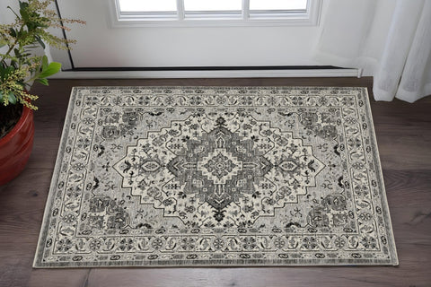 3' X 5' Gray And Ivory Medallion Area Rug With Fringe