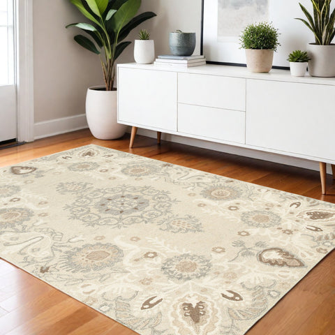 4' X 6' Sand Wool Floral Hand Tufted Area Rug