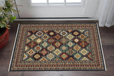 3' X 5' Navy Blue Ivory And Brown Oriental Area Rug With Fringe