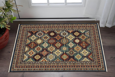 3' X 5' Navy Blue Ivory And Brown Oriental Area Rug With Fringe