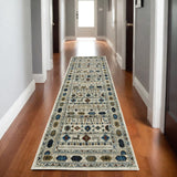 8' Ivory Teal And Gray Tribal Runner Rug