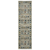 8' Ivory Teal And Gray Tribal Runner Rug