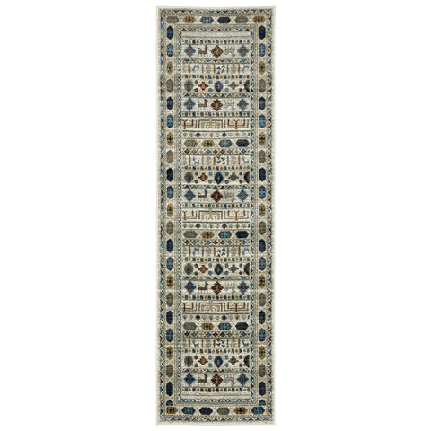 8' Ivory Teal And Gray Tribal Runner Rug