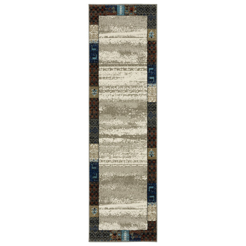 8' Beige Tan And Dark Blue Patchwork Runner Rug