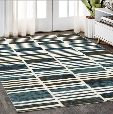 5' X 8' Ivory And Blue Geometric Area Rug