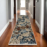 8' Beige Teal And Brown Abstract Runner Rug With Fringe
