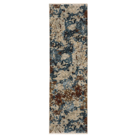 8' Beige Teal And Brown Abstract Runner Rug With Fringe
