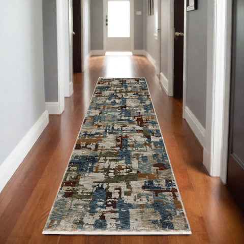 8' Beige Teal And Brown Abstract Runner Rug With Fringe