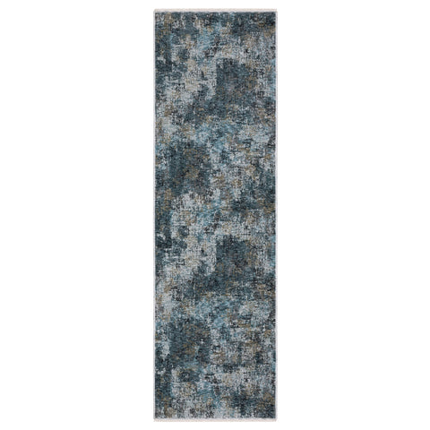 8' Blue And Gray Abstract Runner Rug With Fringe