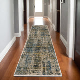 8' Blue And Gold Abstract Runner Rug With Fringe