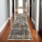 8' Gray And Gold Abstract Runner Rug With Fringe