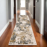8' Beige And Gray Abstract Runner Rug With Fringe