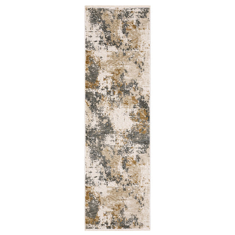 8' Beige And Gray Abstract Runner Rug With Fringe