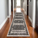 8' Ivory And Charcoal Oriental Runner Rug With Fringe