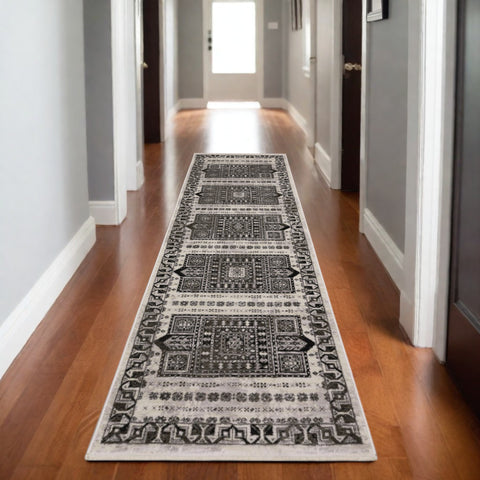 8' Ivory And Charcoal Oriental Runner Rug With Fringe