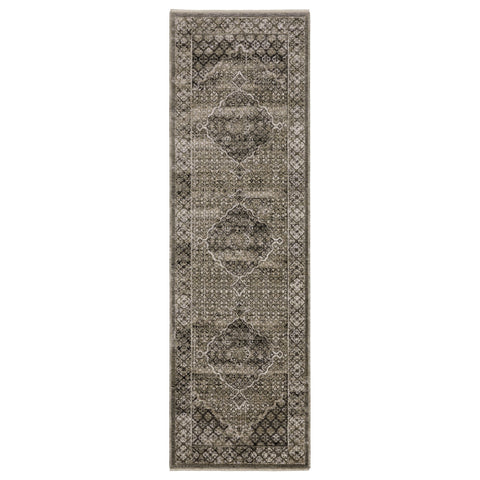 8' Gray And Beige Medallion Runner Rug With Fringe