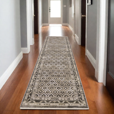 8' Gray And Beige Diamond Runner Rug With Fringe