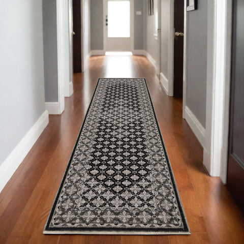 8' Black And Gray Diamond Runner Rug With Fringe