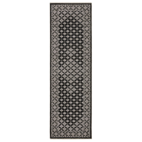8' Black And Gray Diamond Runner Rug With Fringe