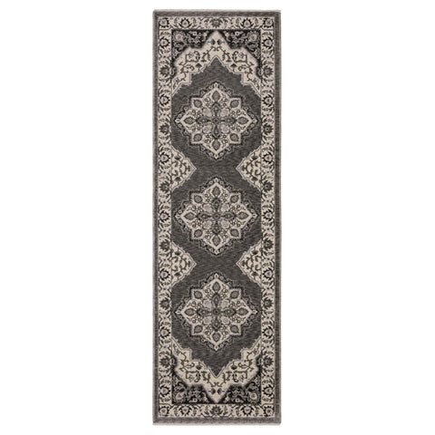 8' Gray And Beige Medallion Runner Rug With Fringe