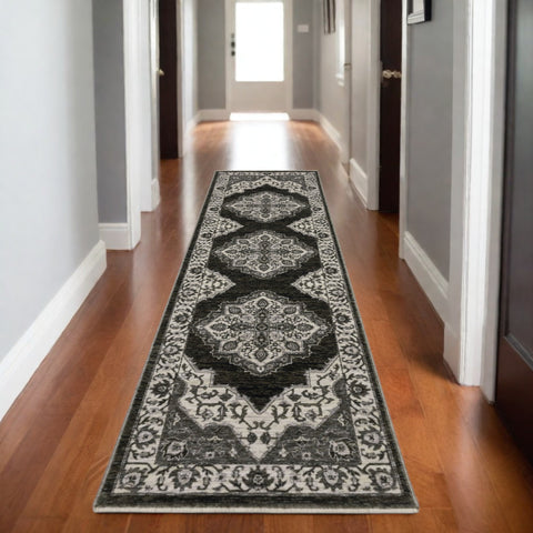8' Charcoal And Ivory Medallion Runner Rug With Fringe