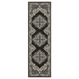 8' Charcoal And Ivory Medallion Runner Rug With Fringe