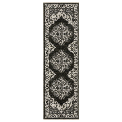 8' Charcoal And Ivory Medallion Runner Rug With Fringe