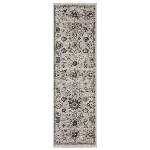 8' Ivory And Gray Oriental Runner Rug With Fringe