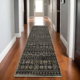 8' Black And Gray Tribal Runner Rug With Fringe