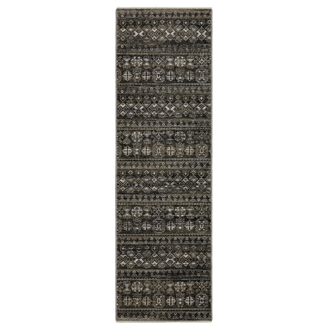 8' Black And Gray Tribal Runner Rug With Fringe