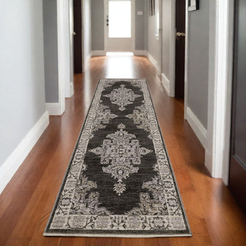 8' Gray And Beige Medallion Runner Rug With Fringe